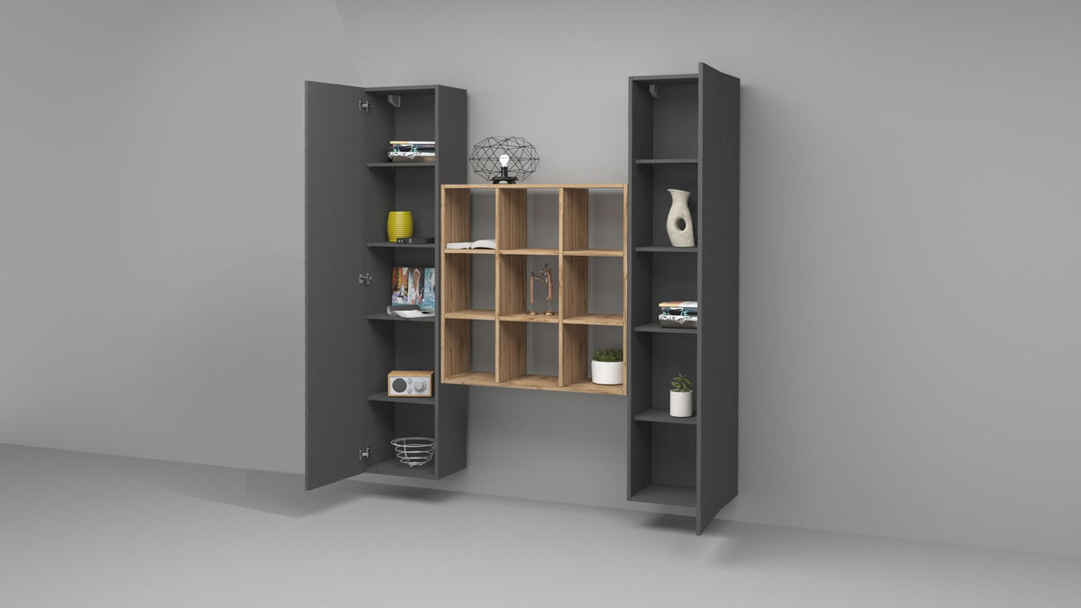 Parete attrezzata ECHO antracite opaco con anta laterale aperta e libreria centrale a 9 cubotti #colore_Antracite Opaco