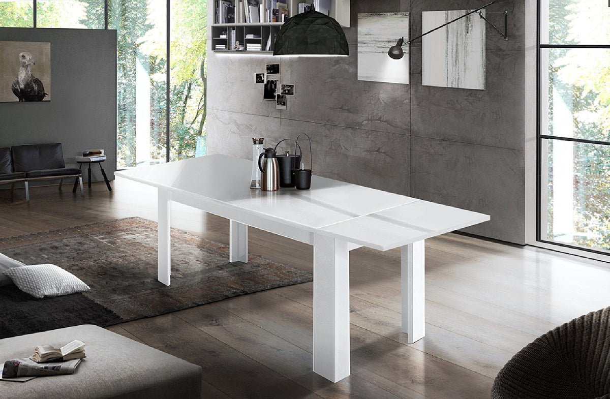 Tavolo da pranzo LYRA bianco allungato con prolunga inserita sul lato destro #colore_Bianco Lucido