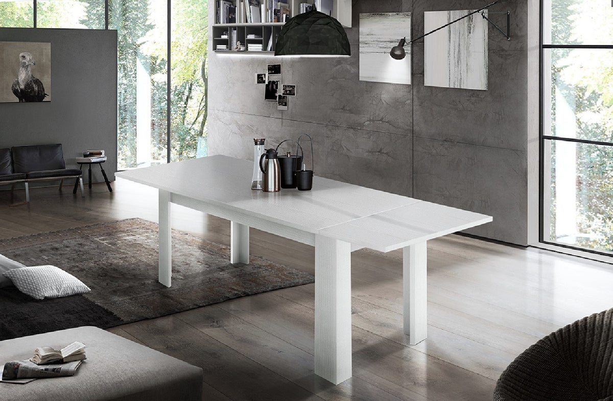Tavolo LYRA bianco larice allungato con giunzione visibile sul piano, lato destro #colore_Bianco Larice