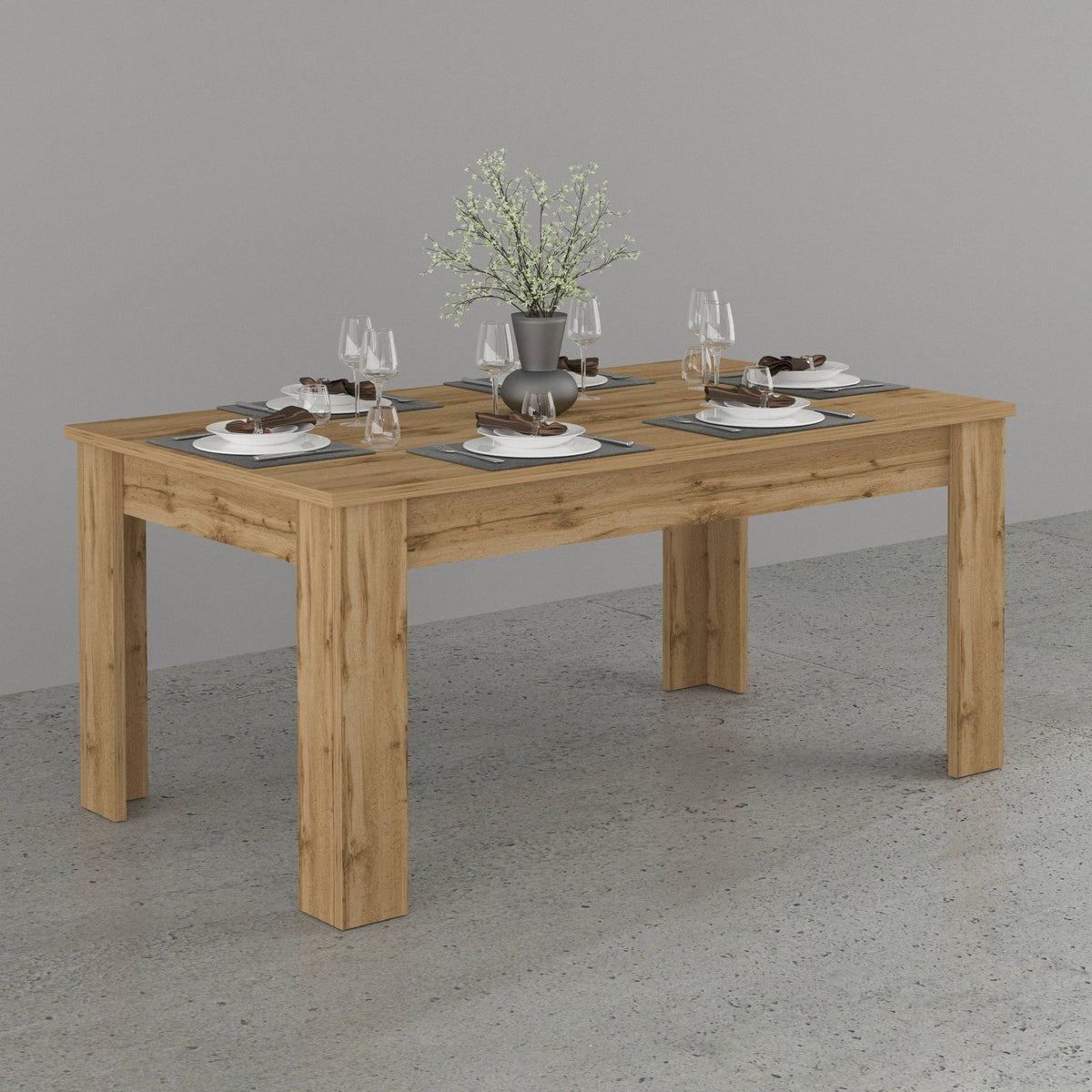 Tavolo LYRA rovere in legno massello apparecchiato su pavimento grigio, vista angolata #colore_Rovere