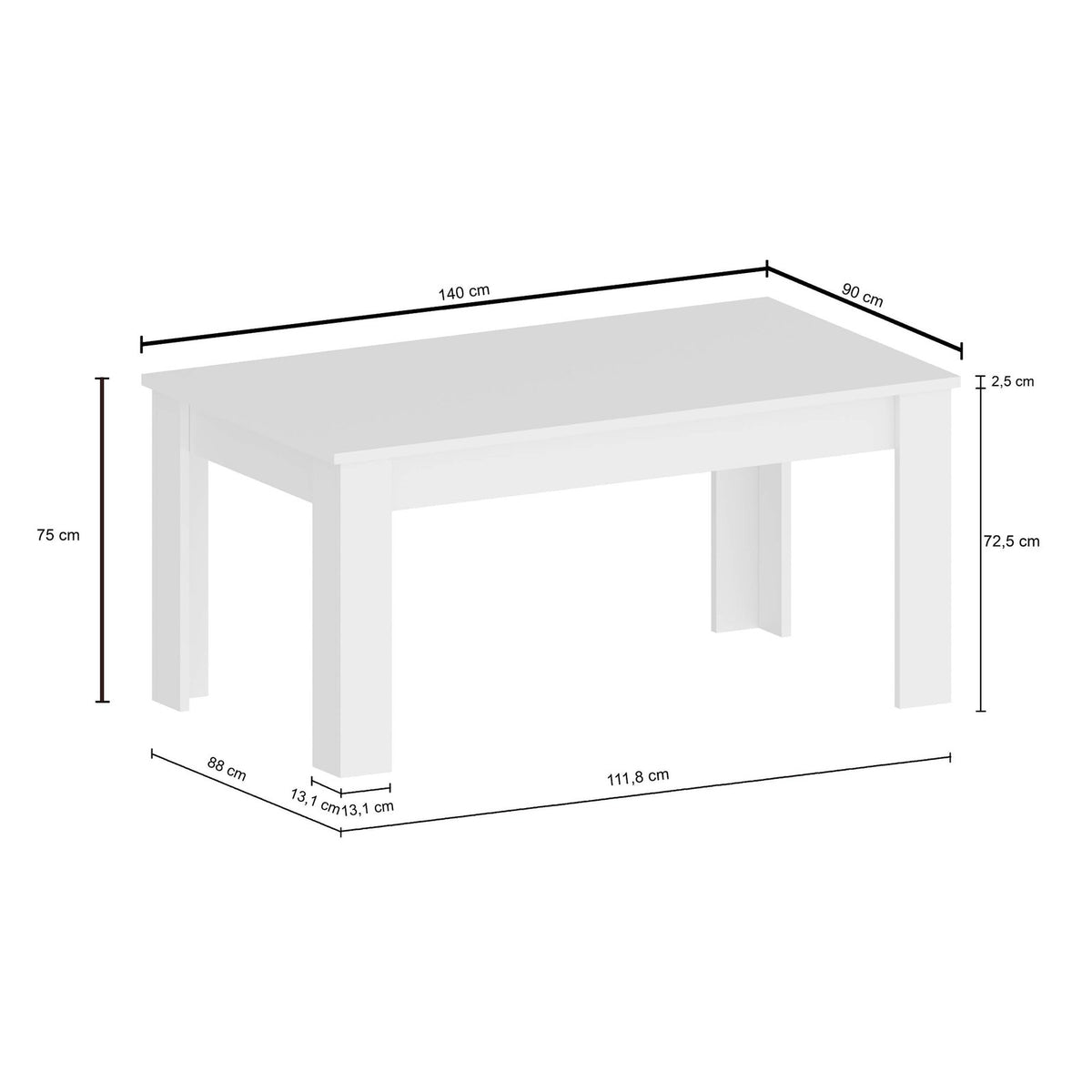 Misure del tavolo LYRA rovere: 140 per 90 cm, altezza 75 cm, vista di tre quarti #colore_Rovere