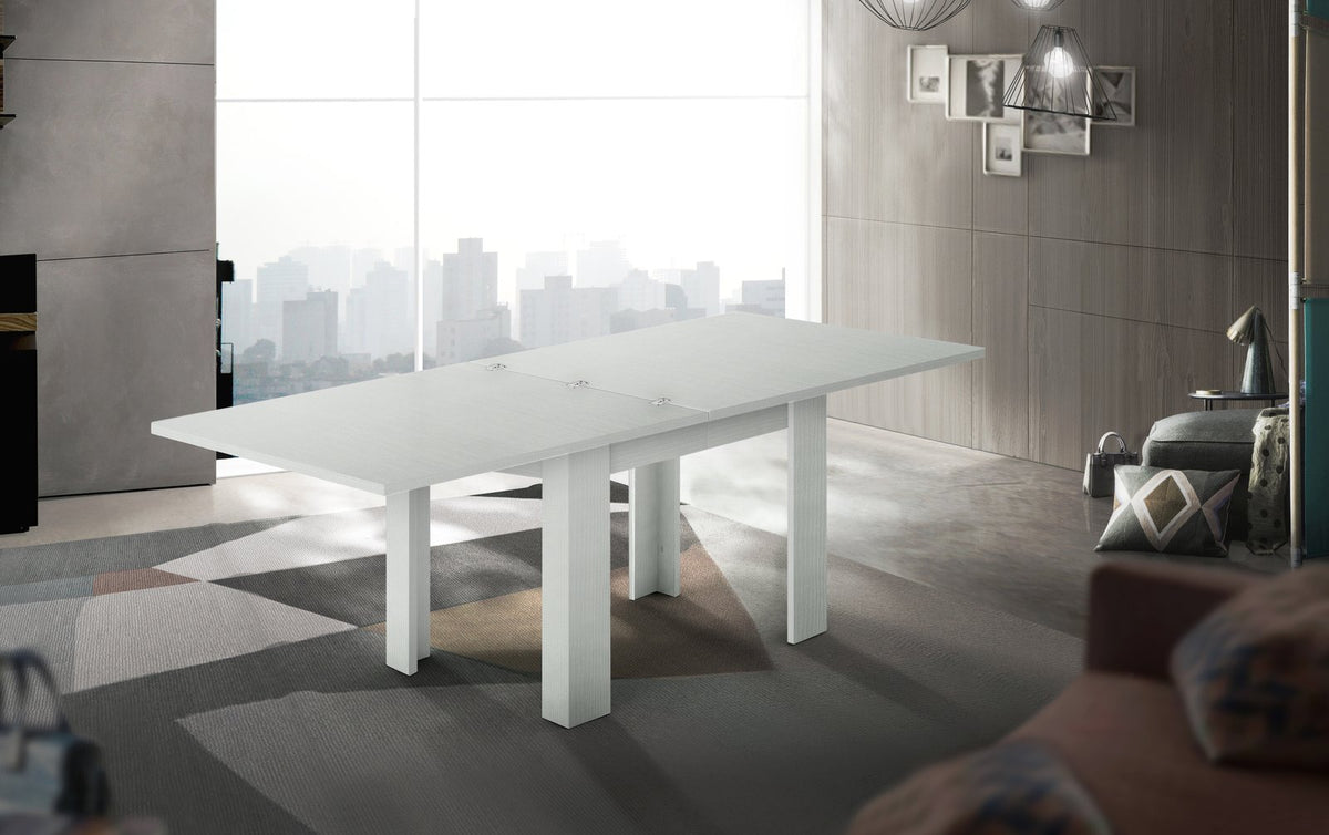 Tavolo LYRA bianco larice allungato in salone moderno con vista sullo skyline #colore_Bianco Larice