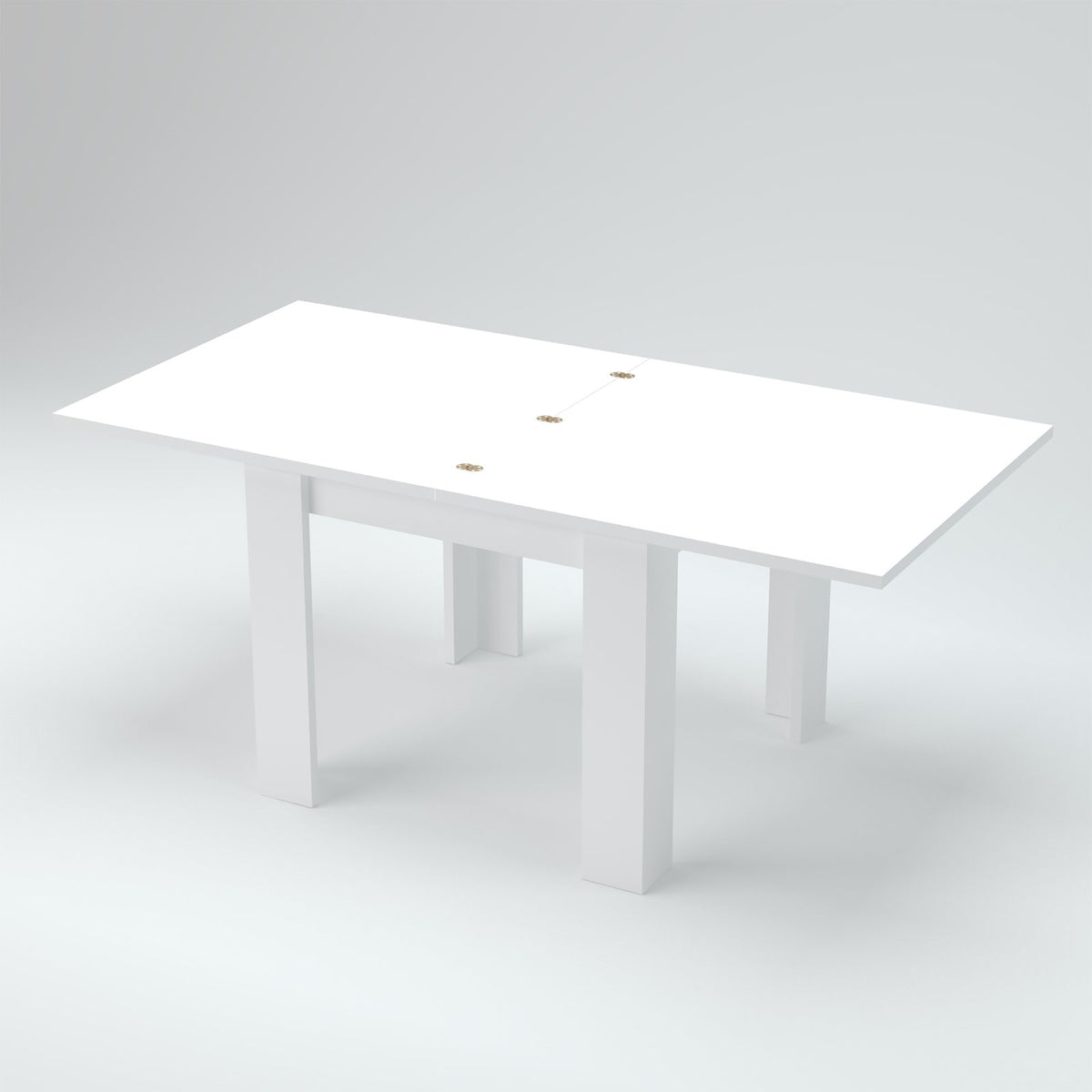 Tavolo LYRA bianco larice allungato su sfondo grigio chiaro, dettaglio della giunzione #colore_Bianco Larice