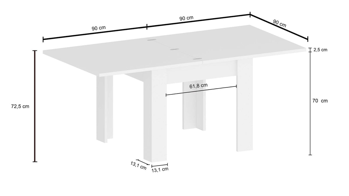 Schema tecnico del tavolo LYRA rovere con quote di gambe e piano #colore_Rovere