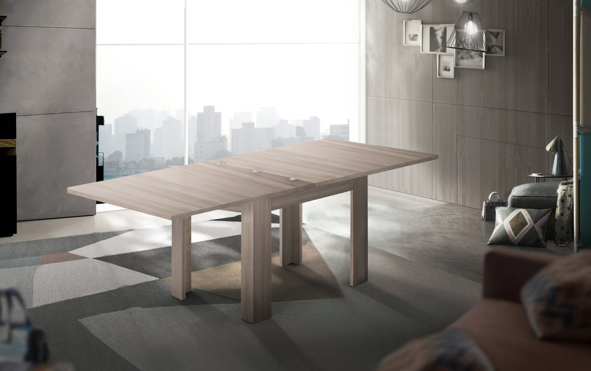 Tavolo LYRA in legno olmo allungato con tagli centrali in un soggiorno moderno #colore_Olmo