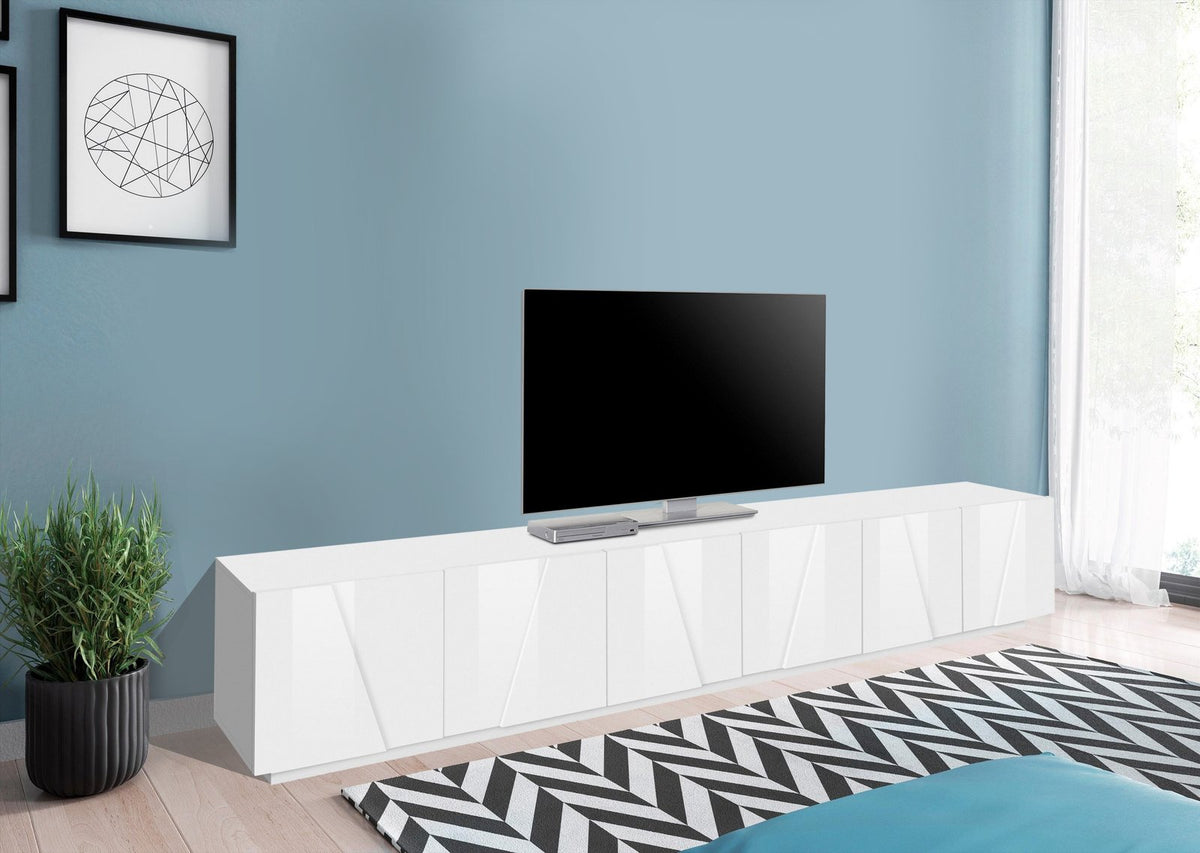 Porta TV PULSE bianco lucido in salotto con televisore sopra, vista frontale #colore_Bianco Lucido