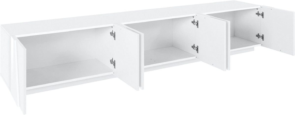 Porta TV PULSE bianco lucido con tre vani aperti e cerniere a vista sul lato interno #colore_Bianco Lucido