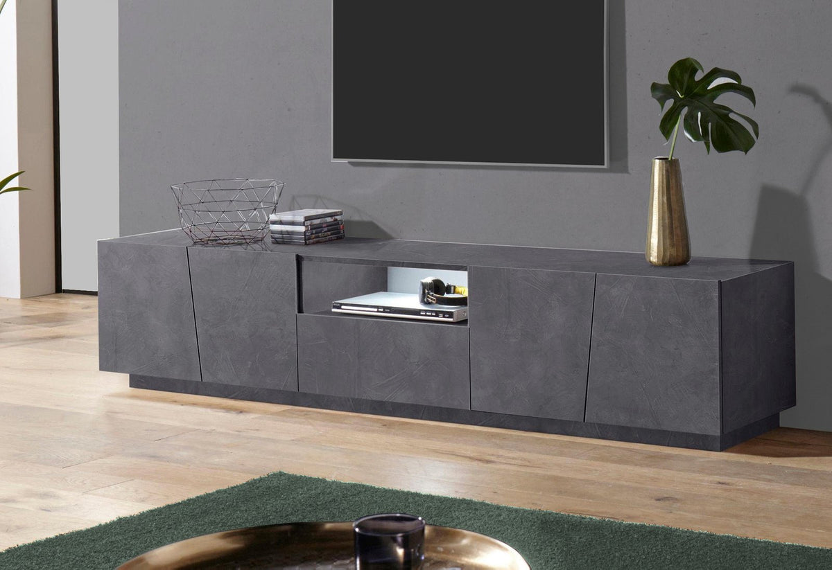Porta TV GALAXIA ardesia effetto marmo in ambiente, con vaso dorato e ciotola sul piano #colore_Ardesia