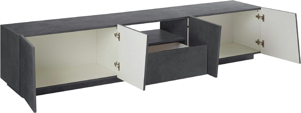 Porta TV GALAXIA ardesia con ante aperte, interno chiaro e cerniere color ottone #colore_Ardesia