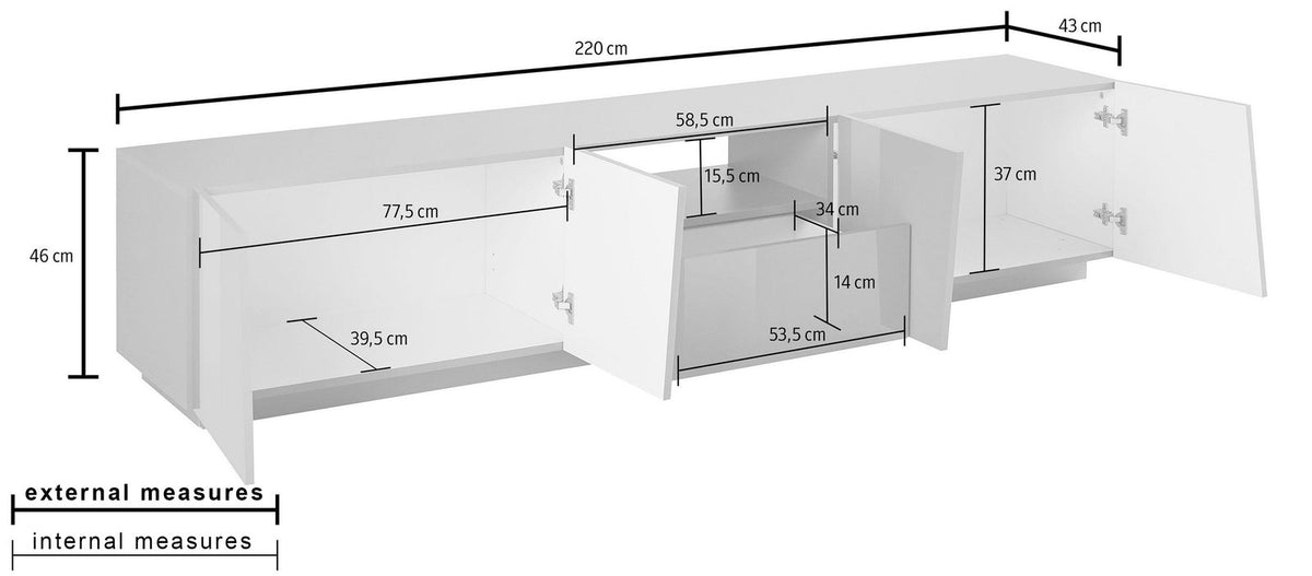 Schema con misure del porta TV GALAXIA: 220 cm di lunghezza, 43 cm di altezza #colore_Ardesia