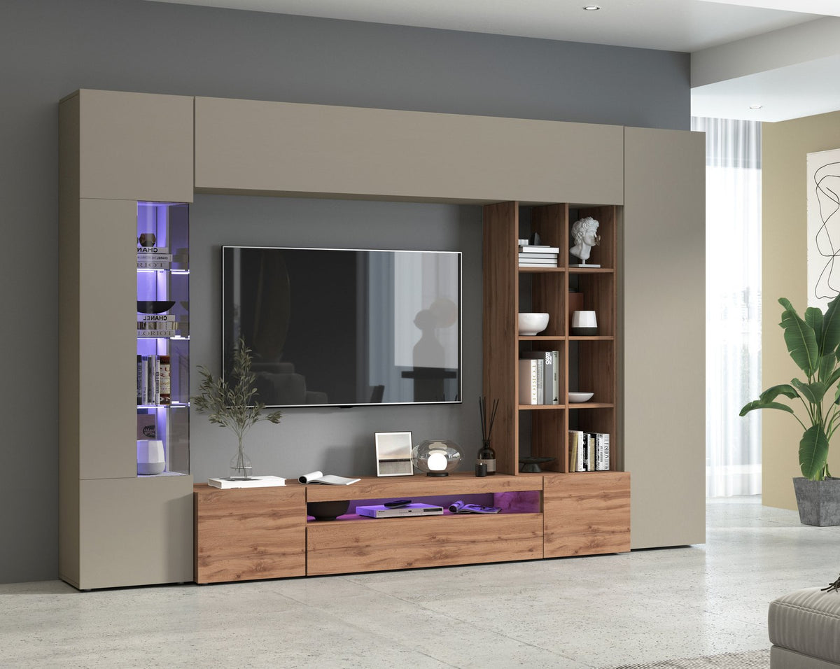 Parete attrezzata STELLAR tortora in soggiorno con vetrina a luce viola e libreria in legno chiaro #colore_Tortora