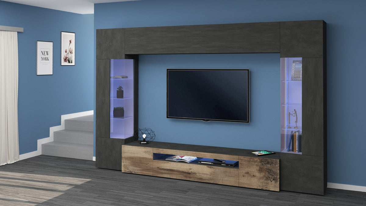 Parete attrezzata QUANTUM effetto legno di tre quarti in soggiorno con vetrine e base rustica #colore_Effetto Legno/Acero Pereira