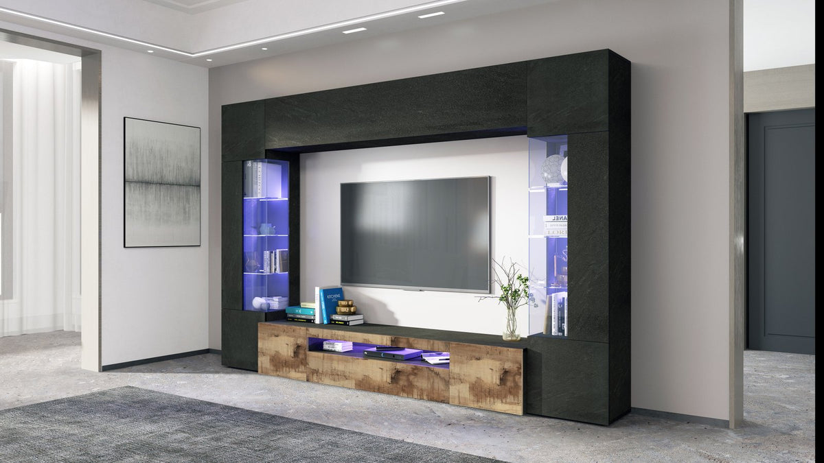 Render della parete attrezzata QUANTUM effetto rovere anticato con pannello nero e LED blu #colore_Effetto Legno/Acero Pereira