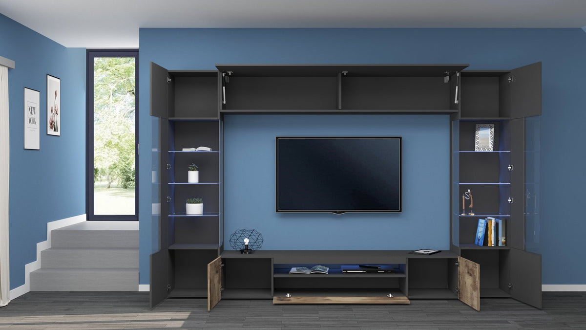 Render frontale della parete attrezzata QUANTUM effetto legno con ante a ribalta aperte #colore_Effetto Legno/Acero Pereira