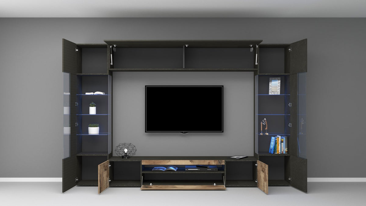 Render frontale della parete attrezzata QUANTUM effetto legno con cassetto a ribalta aperto #colore_Effetto Legno/Acero Pereira
