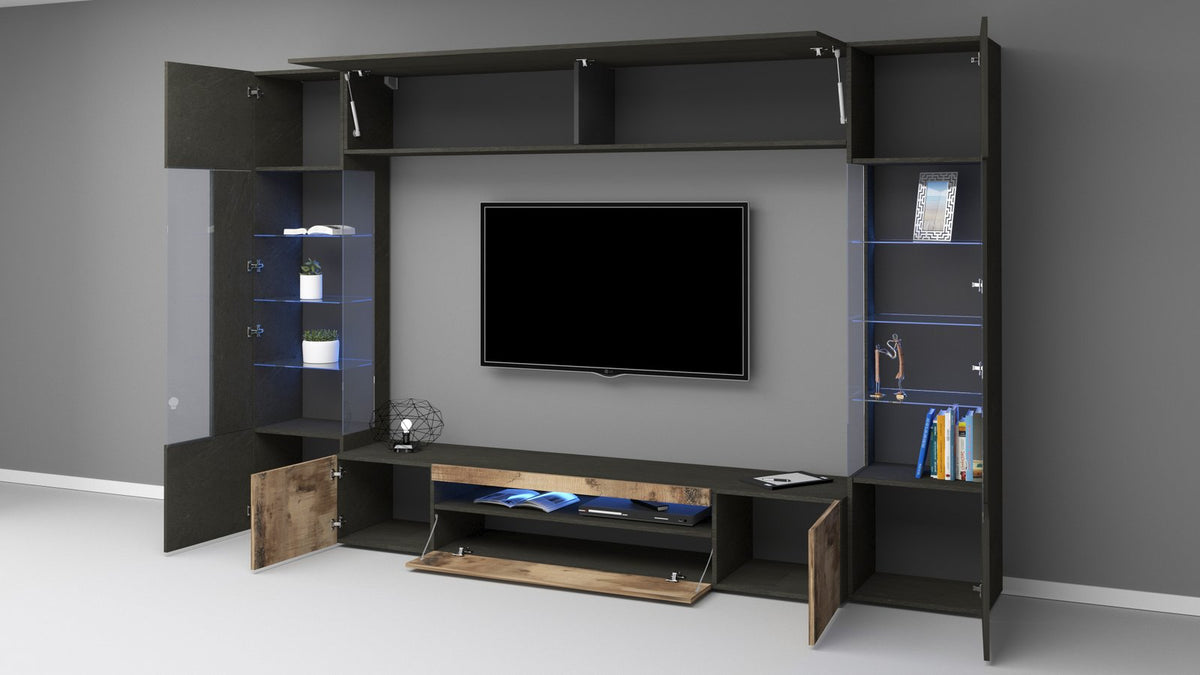 Render della parete attrezzata QUANTUM effetto legno di tre quarti con ante in finto rustico #colore_Effetto Legno/Acero Pereira