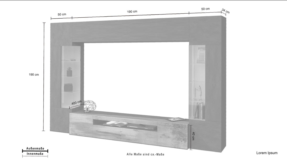 Disegno quotato della parete attrezzata QUANTUM effetto legno: larghezza 190 cm, altezza 190 cm #colore_Effetto Legno/Acero Pereira