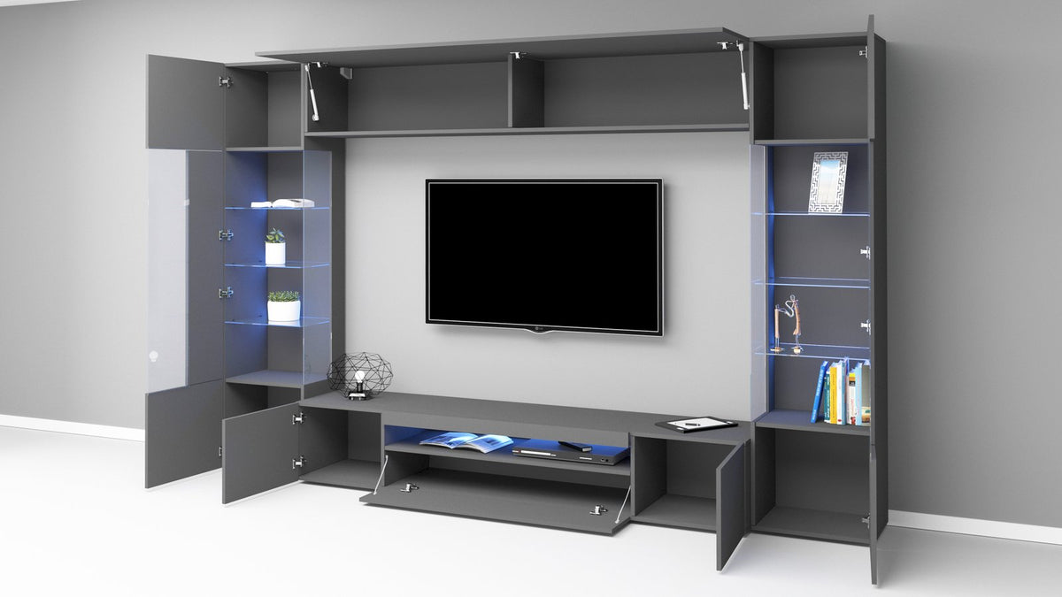 Render della parete attrezzata QUANTUM antracite di tre quarti con ribalta aperta e LED blu #colore_Antracite Opaco