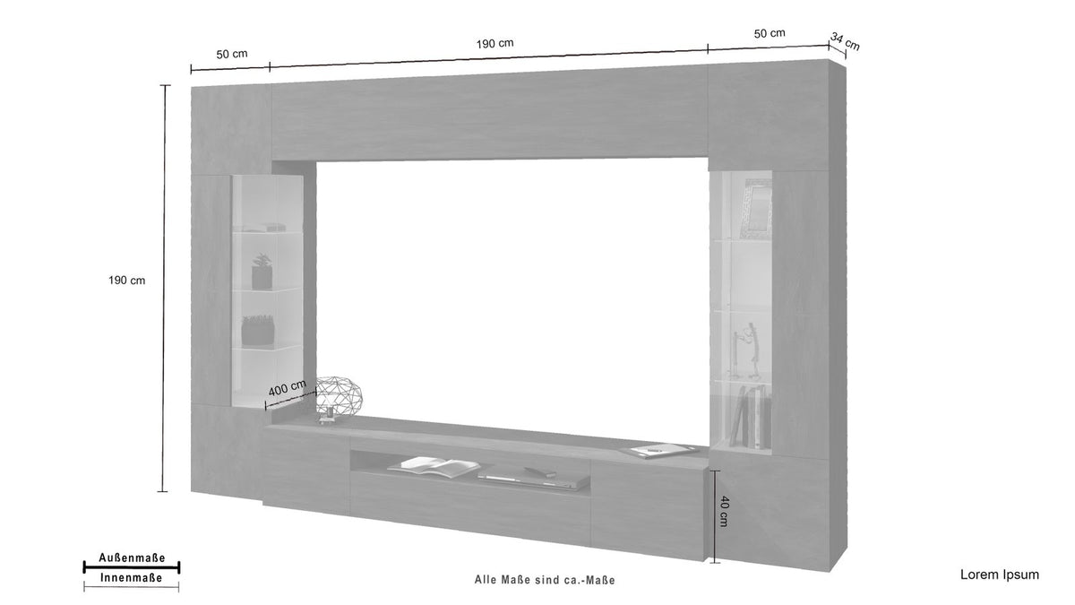 Disegno quotato della parete attrezzata QUANTUM antracite: larghezza 290 cm, profondità 34 cm #colore_Antracite Opaco