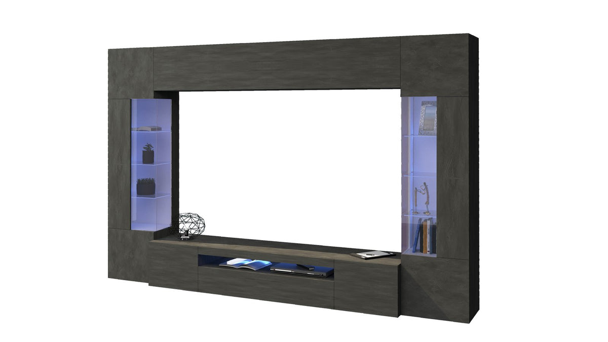 Parete attrezzata QUANTUM antracite opaco su fondo bianco con finitura effetto cemento #colore_Antracite Opaco