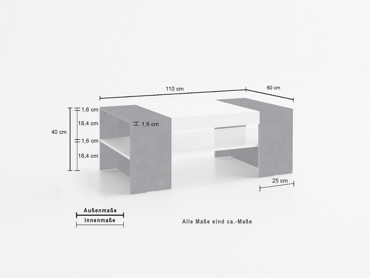 Misure del tavolino ATHENA: 110 cm di larghezza, 60 di profondità e 40 di altezza #colore_Bianco Lucido/Antracite Opaco