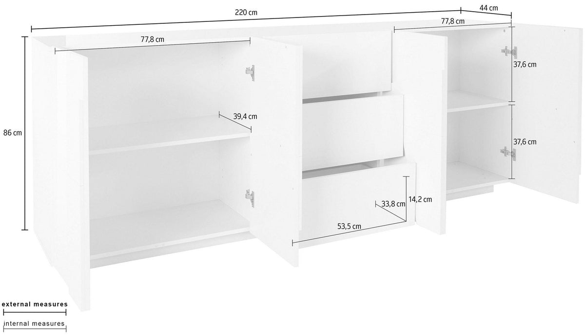Credenza PULSE bianco lucido con ante aperte, misure quotate in larghezza e profondità #colore_Bianco Lucido