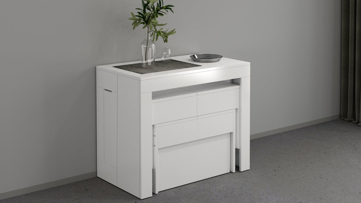 Consolle ORION bianco opaco con inserto grigio effetto pietra sul piano #colore_Bianco Lucido