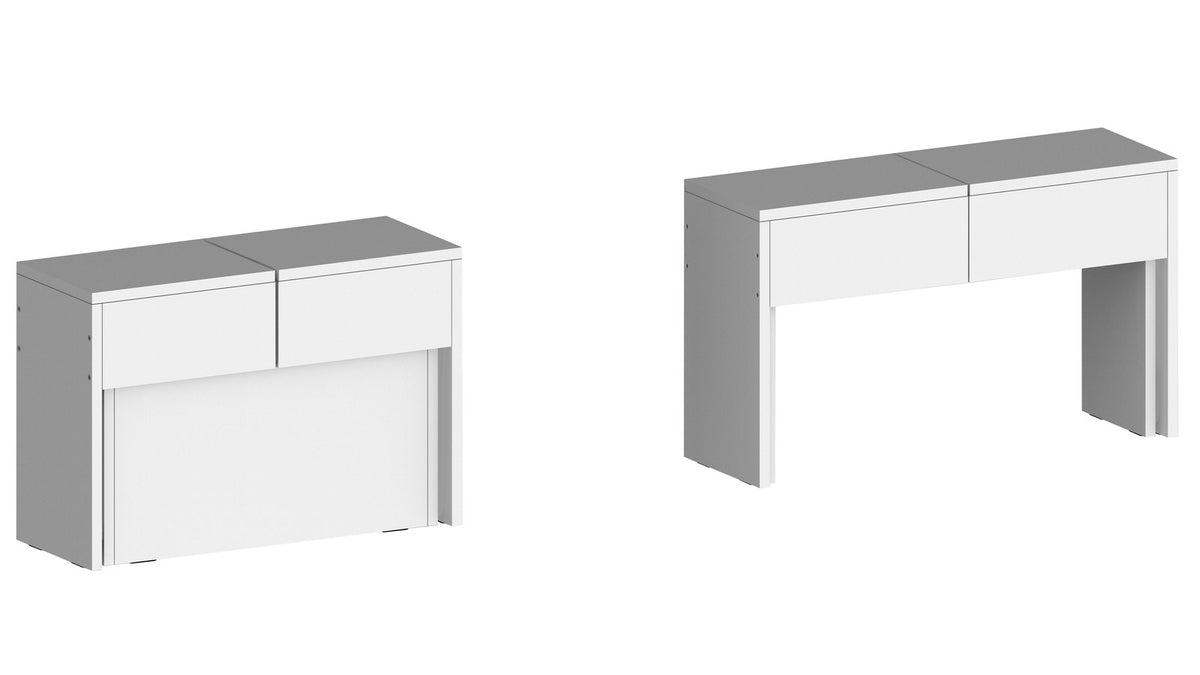 Render ORION bianco lucido di mobile chiuso e aperto affiancati su fondo bianco #colore_Bianco Lucido