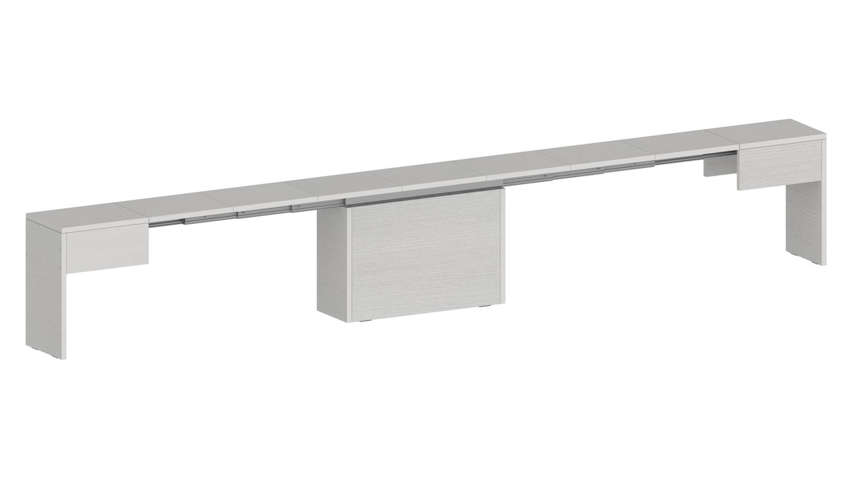 Render ORION bianco larice di mobile lungo e basso con guide metalliche visibili #colore_Bianco Larice