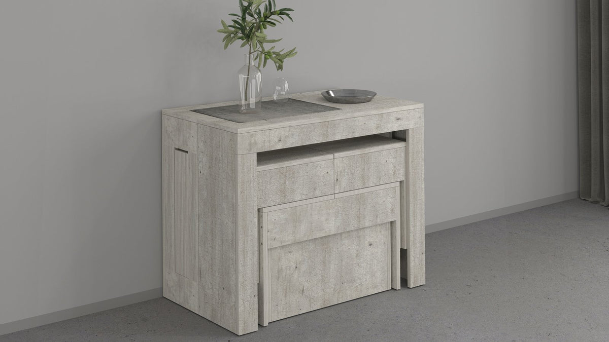 Mobile ORION cemento estratto lateralmente con due cassetti e maniglia incassata #colore_Cemento