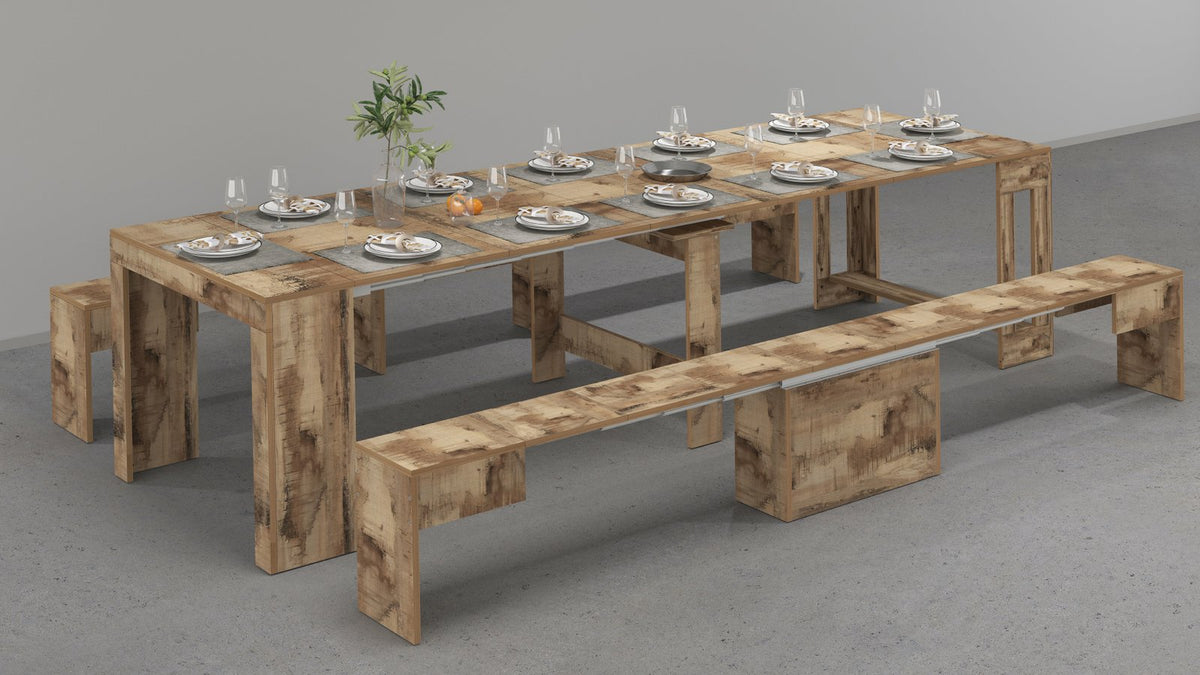 Render ORION acero pereira di tavola da pranzo allungata con panche laterali #colore_Acero Pereira