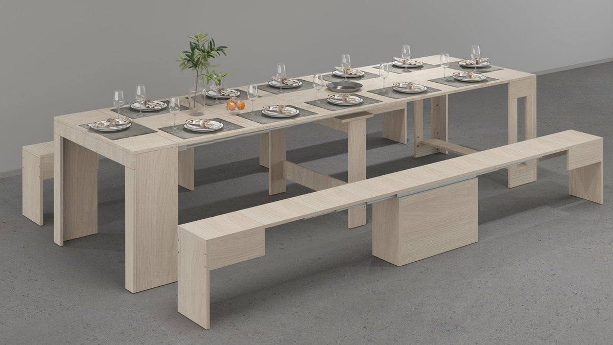 Render ORION olmo di tavolo da pranzo allungato con due panche laterali #colore_Olmo