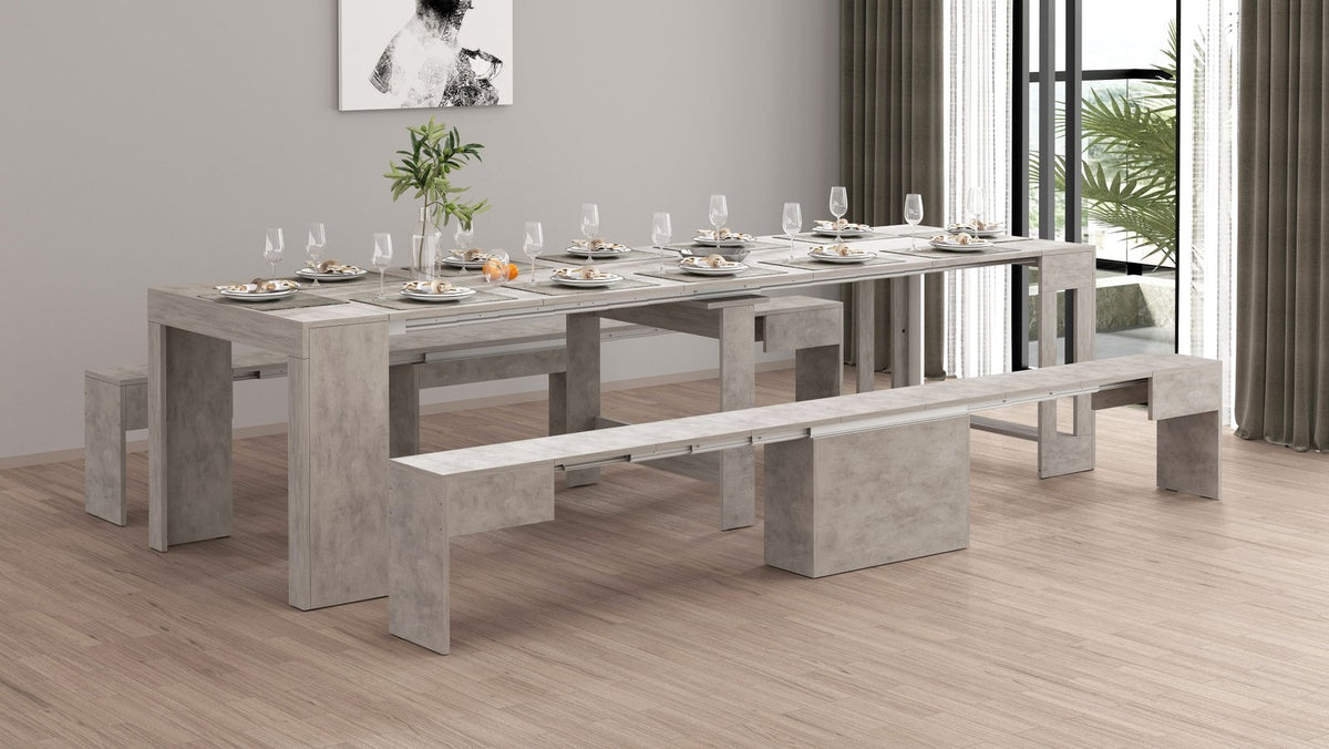 Panca ORION cemento bronx sotto tavolo allungato apparecchiato in sala da pranzo #colore_Cemento Bronx