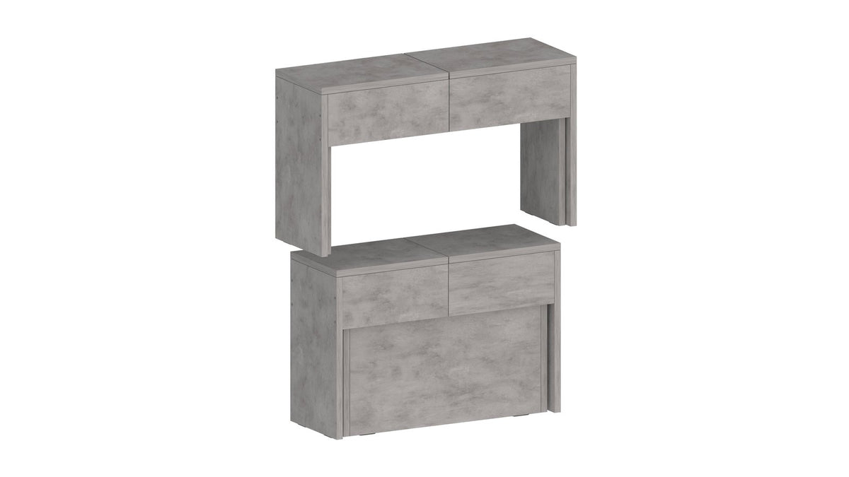 Mobile basso ORION cemento bronx a due moduli sfalsati con quattro cassetti su fondo bianco #colore_Cemento Bronx