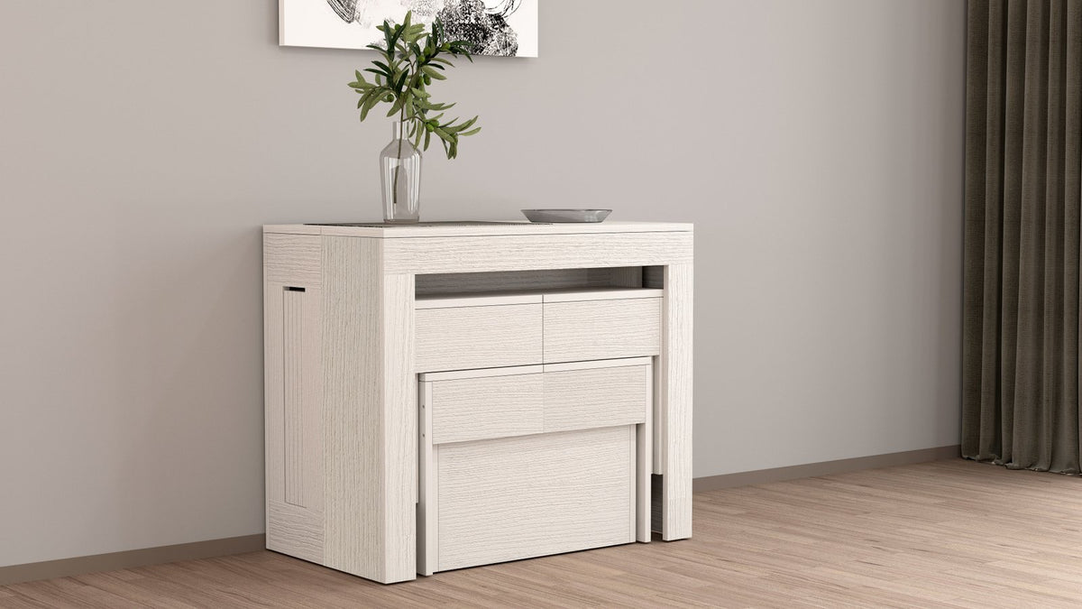 Mobile basso ORION bianco larice con cassetti e vaso di vetro sul piano #colore_Bianco Larice