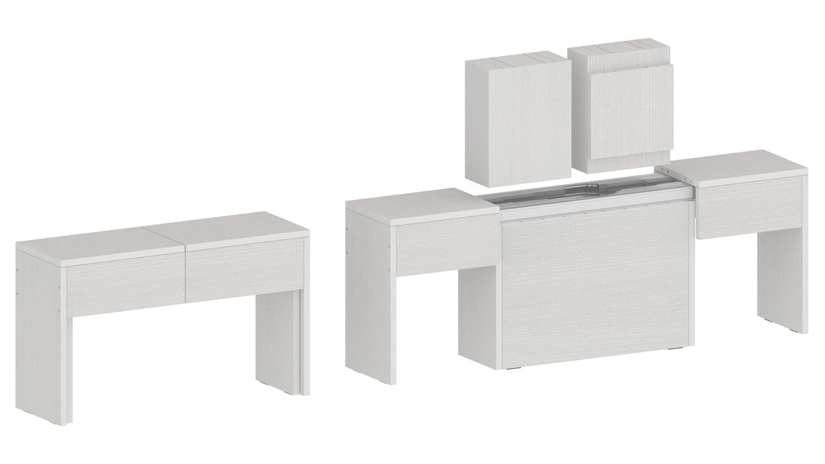 Render ORION bianco larice chiuso e aperto con piano centrale estratto #colore_Bianco Larice