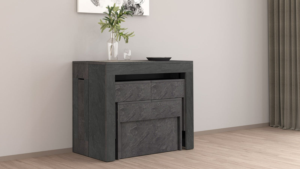 Mobile basso ORION ardesia con due cassetti e vaso di vetro sul piano #colore_Ardesia
