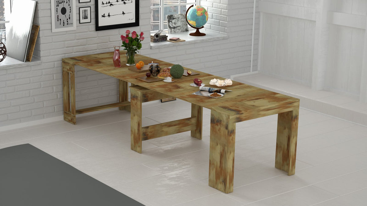 Render tavolo ORION acero pereira allungato con oggetti decorativi sul piano #colore_Acero Pereira