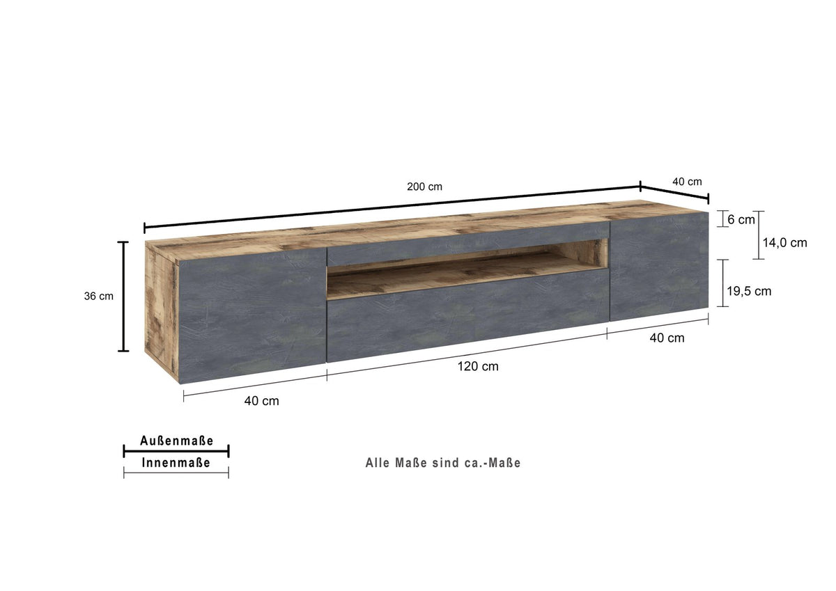 Misure della porta TV FUSION acero pereira: 200 cm di larghezza, 36 di altezza #colore_Acero Pereira/Ardesia