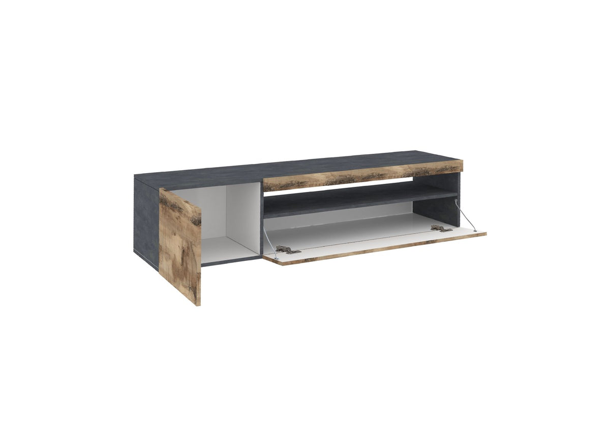 Porta TV FUSION ardesia e acero Pereira su sfondo bianco, doghe in legno e ribalta aperta #colore_Ardesia/Acero Pereira