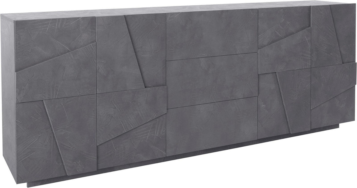 Credenza PULSE ardesia su fondo bianco, rilievi geometrici irregolari sul fronte e base scura #colore_Ardesia
