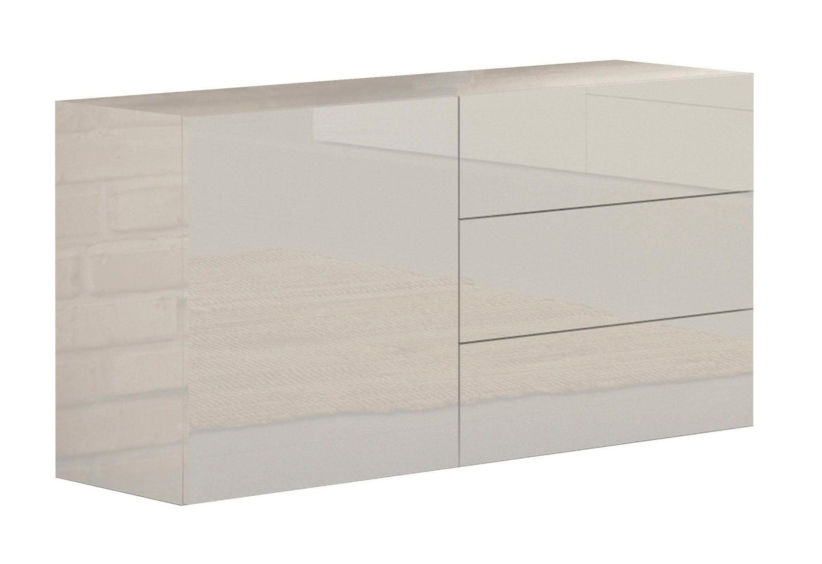 Credenza NEXUS bianco lucido vista laterale con cassetto grande e tre cassetti senza maniglie