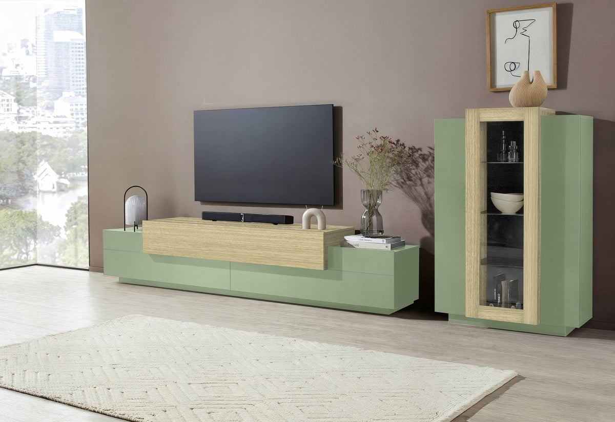Parete attrezzata CELESTIA verde salvia con ribalta in rovere e colonna vetrina #colore_Verde