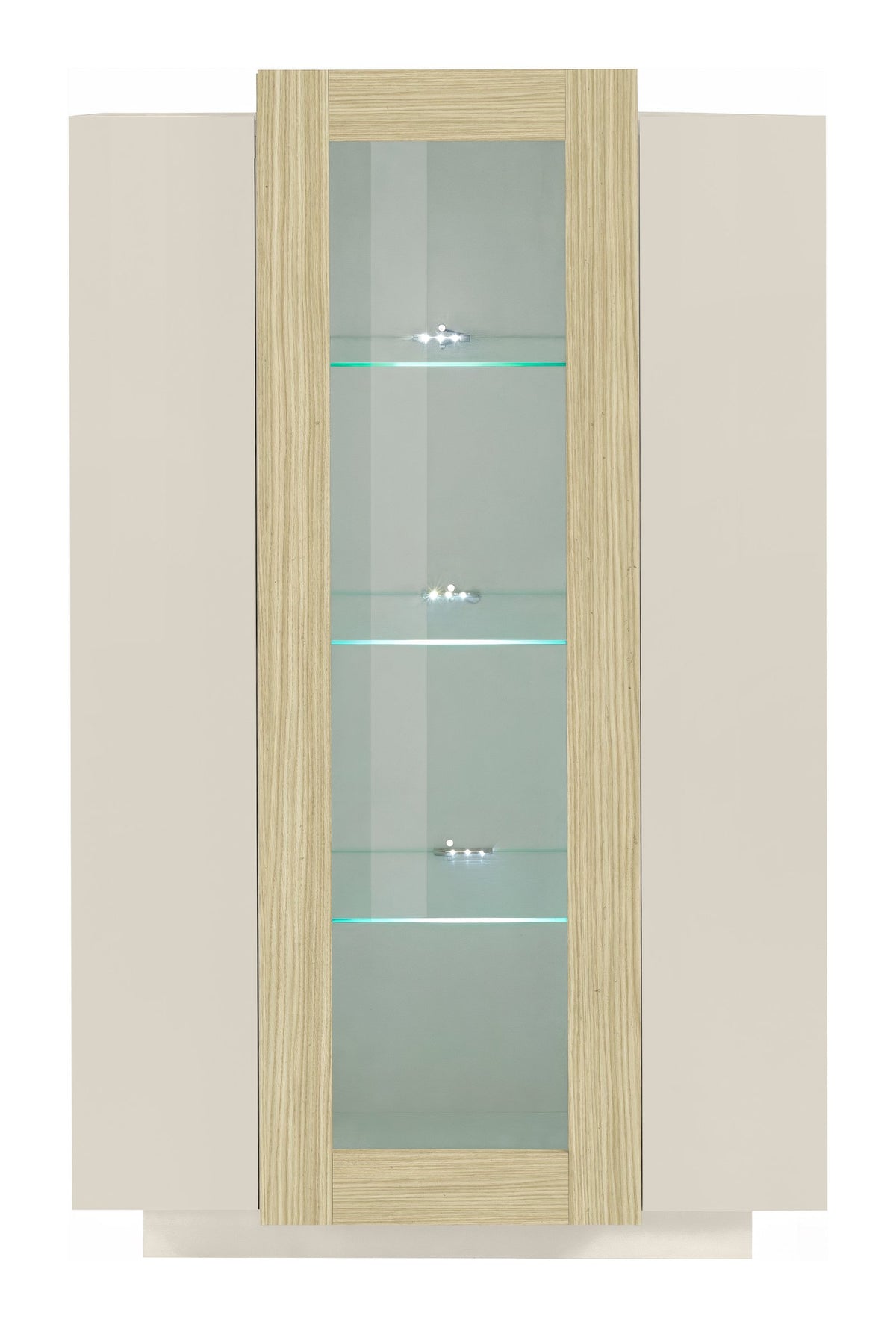 Vetrina CELESTIA cashmere ripresa frontalmente su fondo bianco con strisce LED sui ripiani #colore_Cashmere