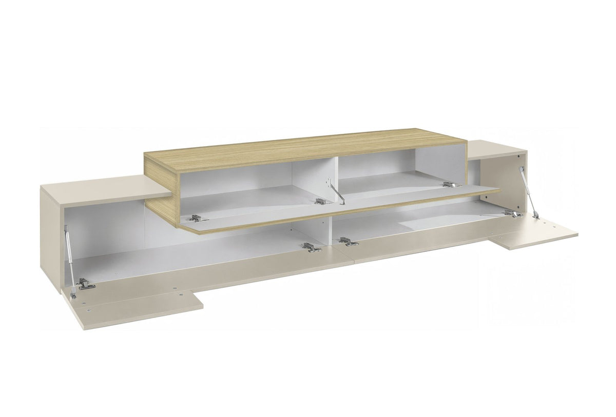 Porta TV CELESTIA cashmere con ribalte aperte in orizzontale, interno bianco e bracci a gas #colore_Cashmere