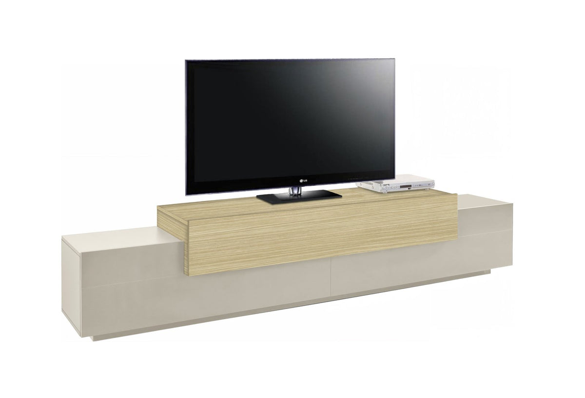 Porta TV CELESTIA cashmere di tre quarti su fondo bianco sfumato, con TV LG #colore_Cashmere