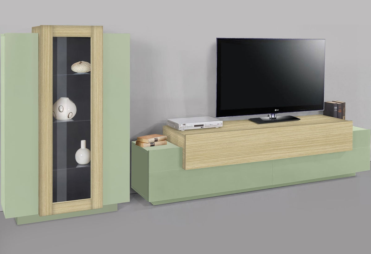 Parete CELESTIA verde salvia con vetrina stretta a sinistra e frontale in legno chiaro a destra #colore_Verde