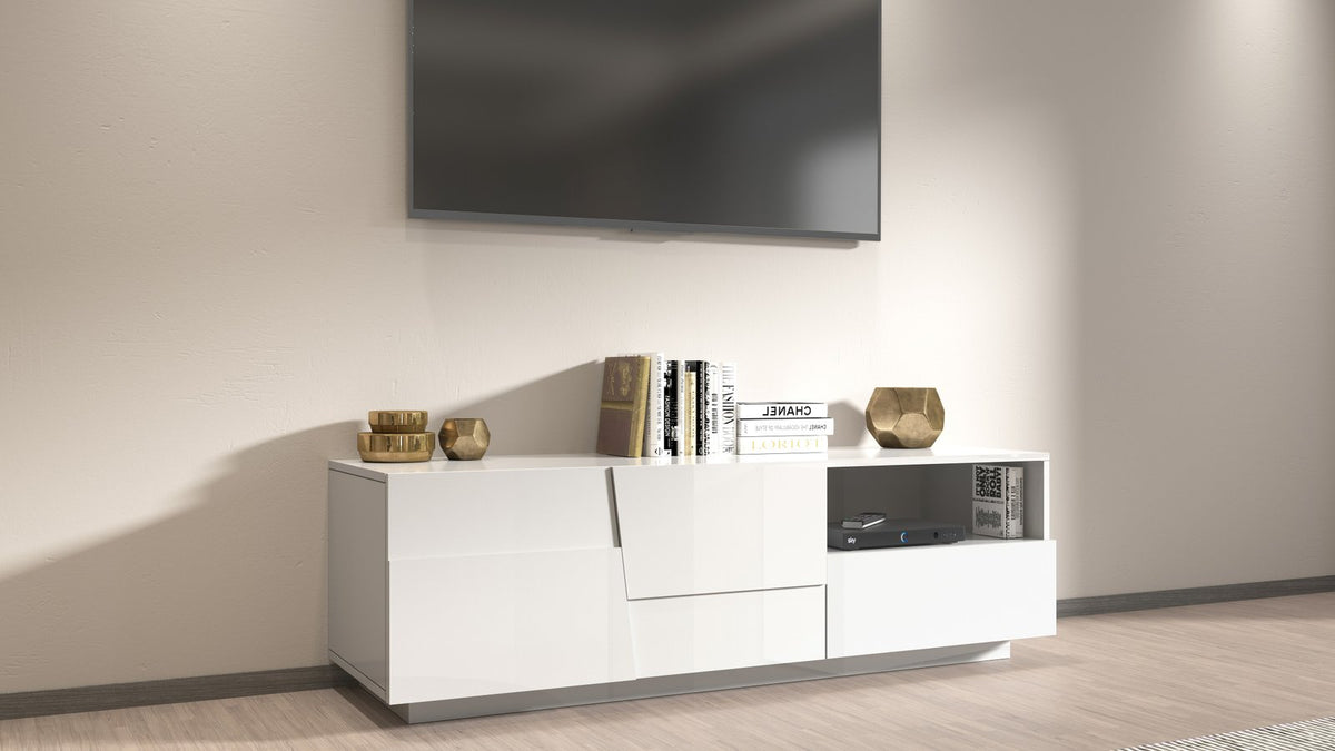 Porta TV INFINITY bianco lucido, vista laterale con anta e cassetto a filo #colore_Bianco Lucido