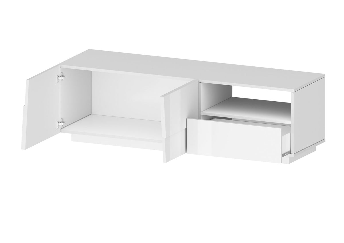 Porta TV INFINITY bianco lucido con un'anta aperta che mostra il vano interno vuoto #colore_Bianco Lucido