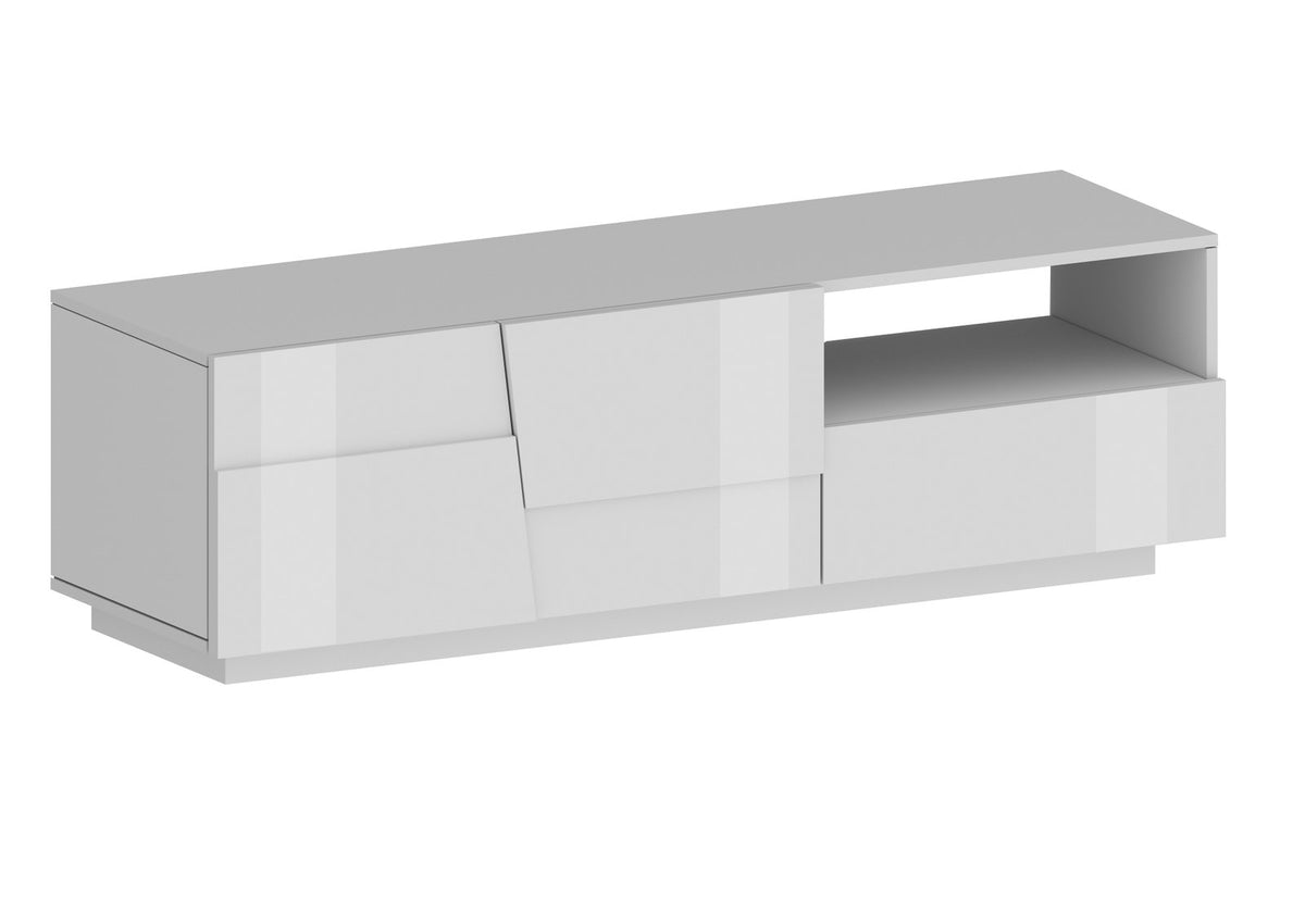 Porta TV INFINITY bianco lucido su fondo bianco, vista tre quarti del mobile chiuso #colore_Bianco Lucido